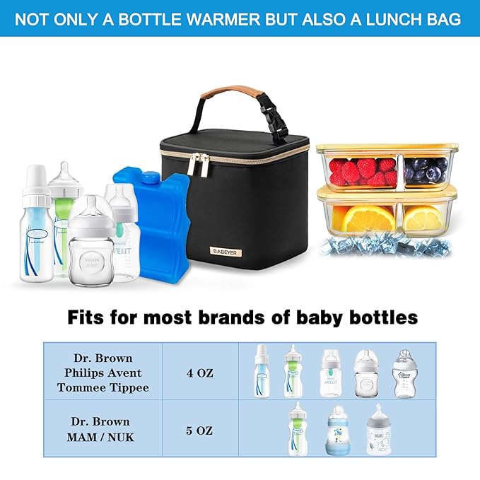 Insulated Bottle Bag with Ice Pack Fits 4 Large Baby Bottles Up to 5 Ounce, Cooler Bag Great for Nursing Mom Daycare-Black