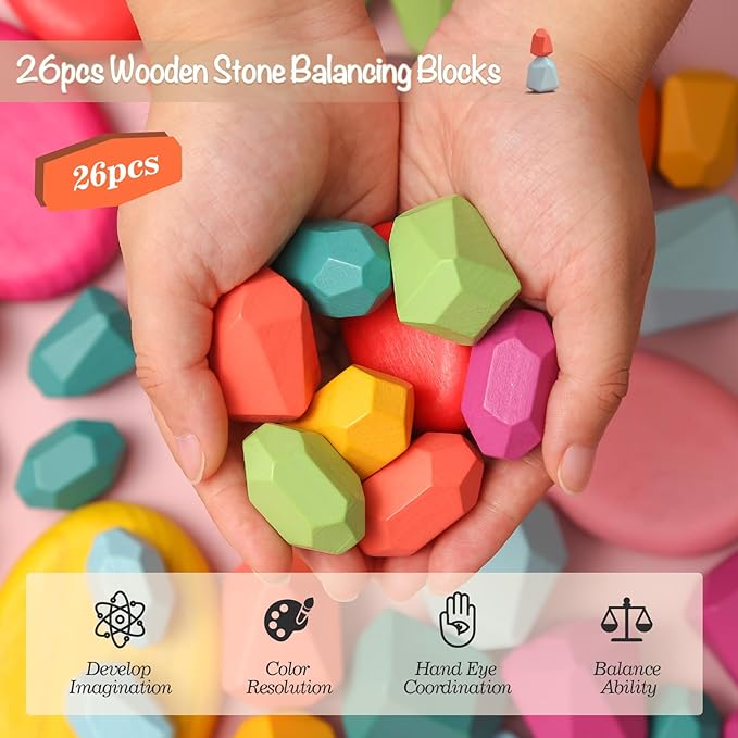 OESSUF Stacking Rocks 26Pcs Stacking Blocks Balancing Stones Wooden Building Toys Wood Stone Stacking Game for Toddler Sorting Preschool Educational Montessori Stacking Rocks for Kids