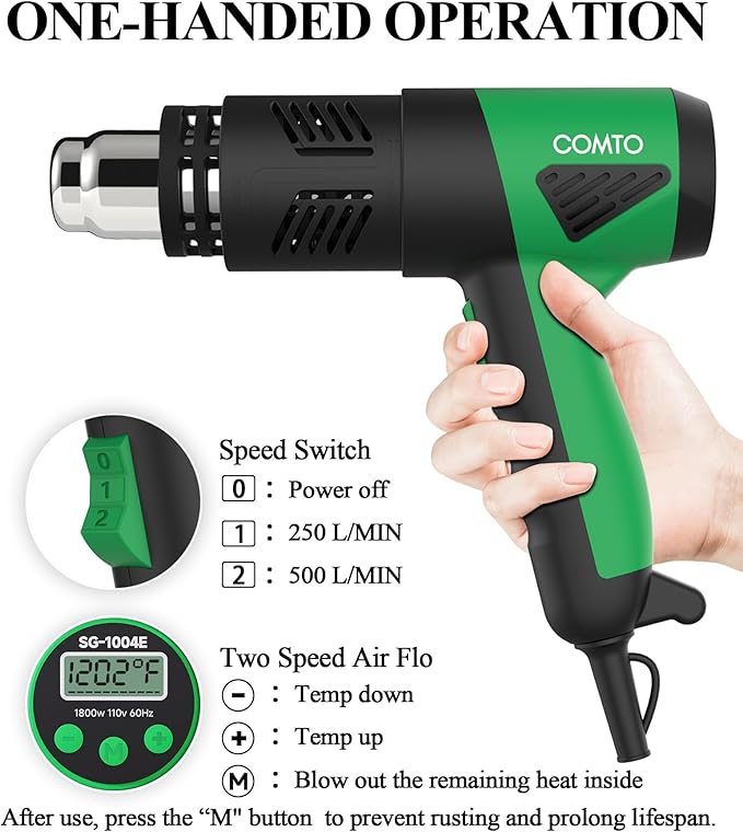 1800W Heat Gun with LCD Digital Display, Variable Temperature Control 122℉-1202℉（50℃- 650℃）with 4 Nozzles for Crafts, Vinyl Wrap, Shrink Tubing (SG-1004E)