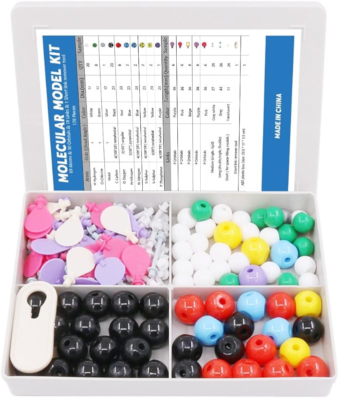 Swpeet 178 Pcs Molecular Model Kit for Inorganic & Organic Molecular Model Teacher and 16 Years and Over Teenages Kit - 69 Atoms & 30 Orbitals & 78 Links & 1 Short Link Remover Tool - Science Toys