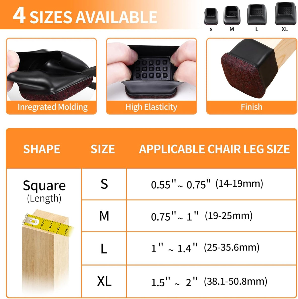 Ezprotekt 24 Pcs Square Chair Leg Floor Protectors with Felt, Silicone Felt F for Hardwood Floor, Dining Table Leg Caps Covers No Scratches (L Fit: 1" - 1.4", Dark Brown)