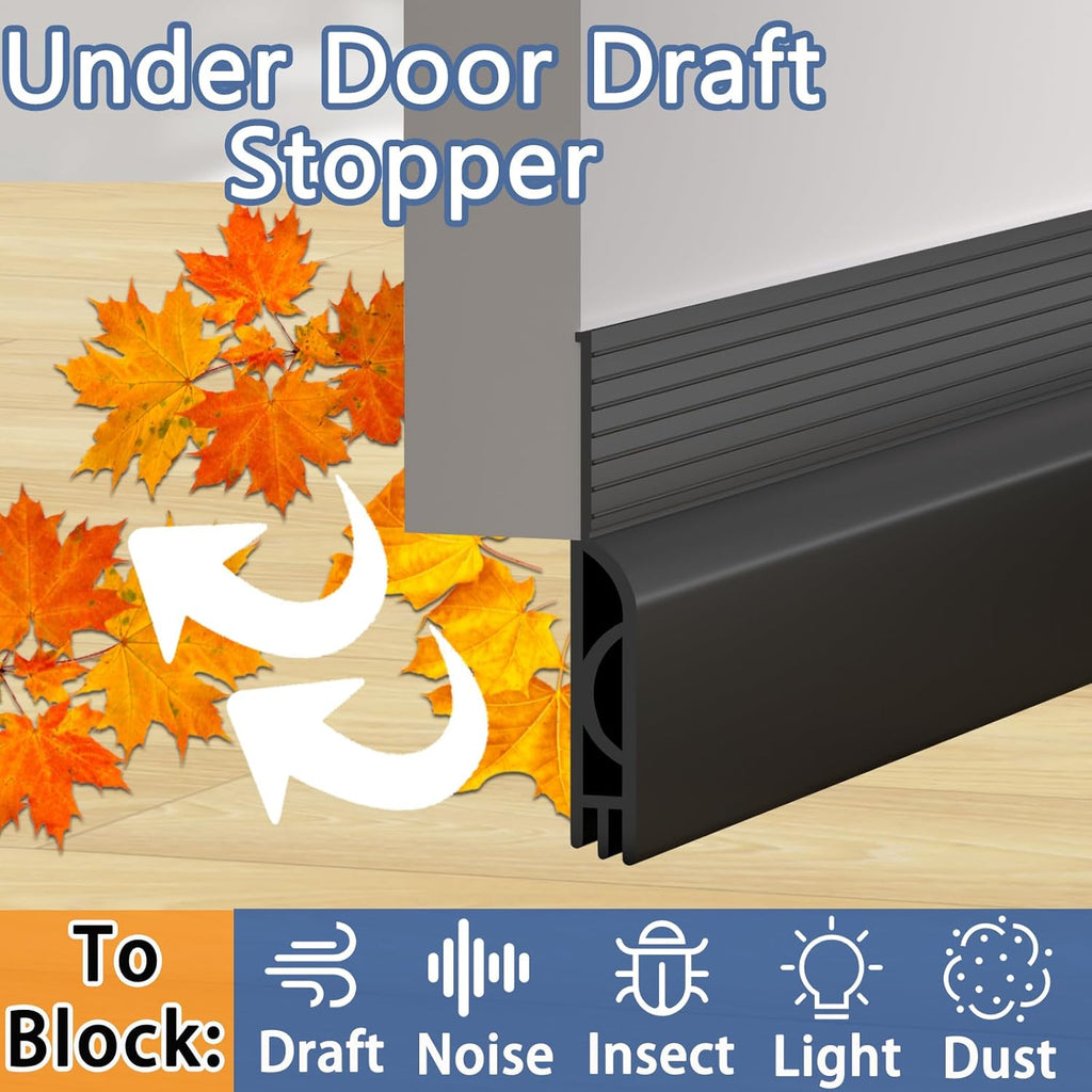 Under Door Draft Stopper, Self-Adhesive Door Sweep for Bottom of Door, Weather Stripping Doors Seal Soundproofing Insulation Strip, Doors Bottom Gap Blocker for Exterior/Interior (2M, Black)