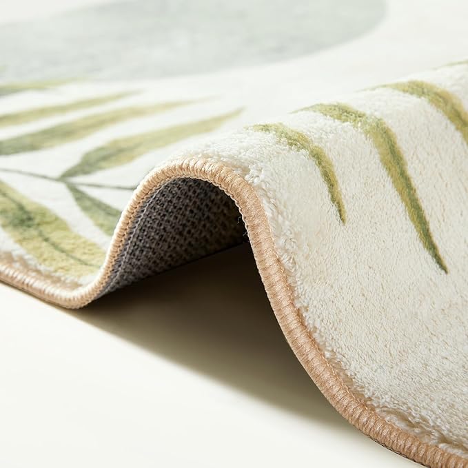 RoomTalks Mid Century Modern Washable Rug Stain Resistant, Boho Cute Aesthetic 9x12 Area Rugs for Bedroom Dining Living Room Office, Green Abstract Tropical Leaves Indoor Rug Plant Botanical Carpet