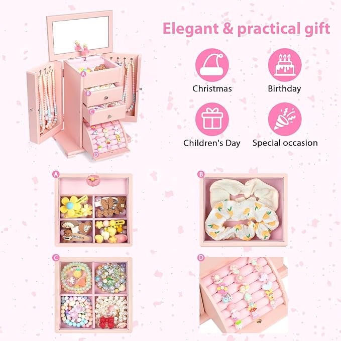 Musical Jewelry Box for Girls, Large Kid Music Box with Ballerina for Birthday Bedroom Decor, 5 Layer Girl Jewelry Gifts for Girls Kids - Pink