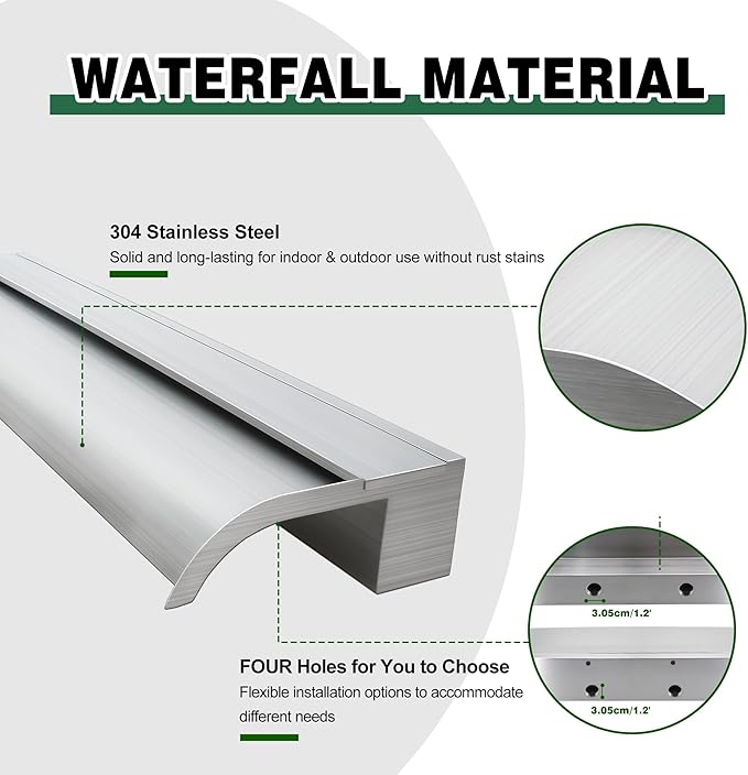 Waterfall Spillway, Stainless Steel Pool Fountain w/Top Open Lip & Pipe Connector Kits for Outdoor/Indoor Decorative, 35.4'' Pool Water Feature for Garden Patio, Backyard Koi Pond Decor