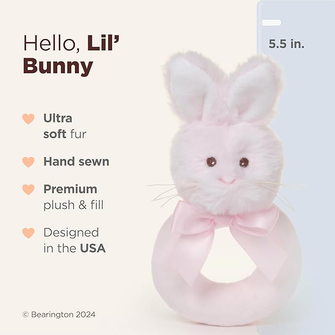 Bearington Baby Lil’ Bunny, 5.5 Inch Pink Soft Stuffed Easter Bunny Rattle, Baby Easter Gifts - Newborn Toy