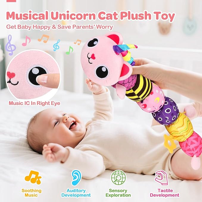 Baby Sensory Toys 0-6 6-12 Months, Musical Animal Stuffed Plush Unicorn Cat Toy for Infant 0-3-6 Months & Up, Tummy Time with Mirror Crinkle Rattle, Christmas Baby Shower Gifts for Newborn Boys Girls