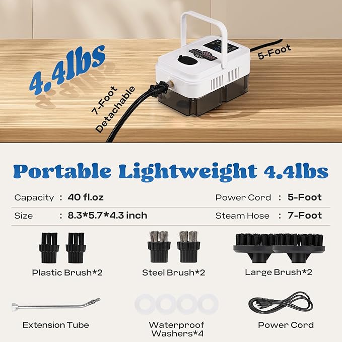 Moongiantgo Handheld Steam Cleaner High Pressure Timed Steamer for Cleaning for Home Kitchen Upholstery, Portable Pressurized Cleaning Machine for Car Detailing, Bathroom Grout Tile, 1200ml