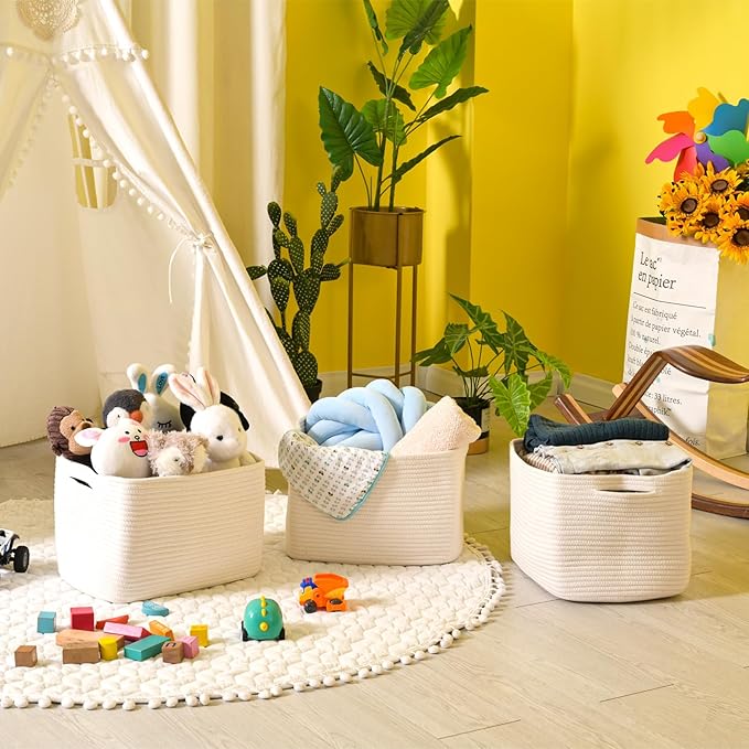 Storage Baskets for Organizing Shelves, Woven Cotton Rope Bins for Baby Nursery Organization, Book Toy Towel Organizer, 15"x11"x9.5", 3 Packs, Off White