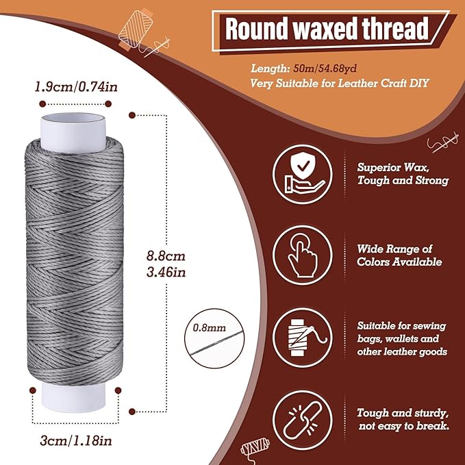 0.8 mm 54 Yards Round Waxed Thread for Leather Sewing, Leather Thread Wax String for Sewing, Stitching, Bookbinding, Bracelet, Braiding (Light Grey)