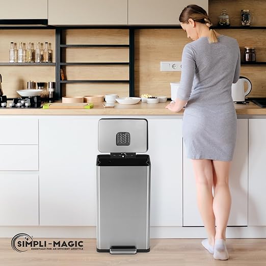 SIMPLI-MAGIC 50 Liter / 13.2 Gallon Soft-Close, Smudge Resistant Trash Can with Foot Pedal and Built in Filter- Stainless Steel, Sleek Finish