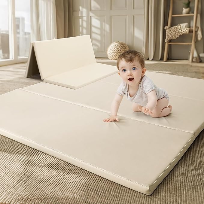 Foam Baby Play Mat: PU Leather Waterproof Kids Playmat - Trifold Floor Mat - Large Play Mat for Playpen Thick Pad Fodable Mattress Soft Toddler Mattress Infant Cushion for Preschool (Beige)
