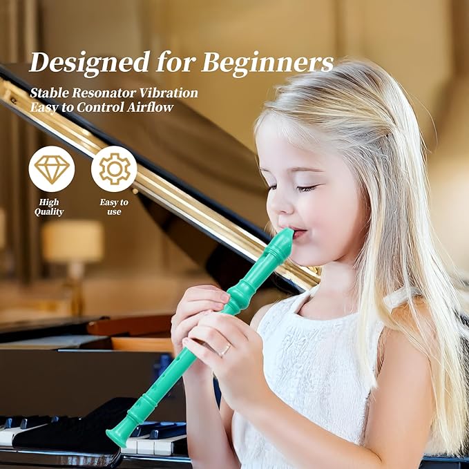 Soprano Recorder Instrument for Kids Beginners Student German Fingering C Key Recorder Instrument 3 Piece with Cleaning Rod and Bag Fingering Chart (bright green)