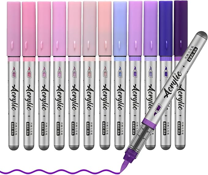 Purple Pink Acrylic Paint Pens,12 Color Paint Pens Markers,Brush Tip Paint Pens for Rock Painting Wood Glass Ceramic Canvas Stone DIY Crafts Making Art Supplies