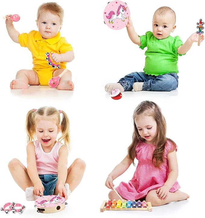 Kids Musical Instruments Sets, 12pcs Wooden Percussion Instruments Toys Tambourine Xylophone for Kids Playing Preschool Education, Early Learning Musical Toys for Boys Girls Gift (Pink)