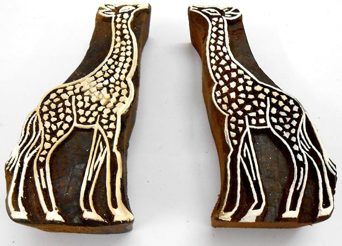CraftsofIndia® Pair of Giraffe Wooden Blocks Stamps for Printing on Textiles, Pottery Crafts,Henna, Scrapbooking (Set of 2)