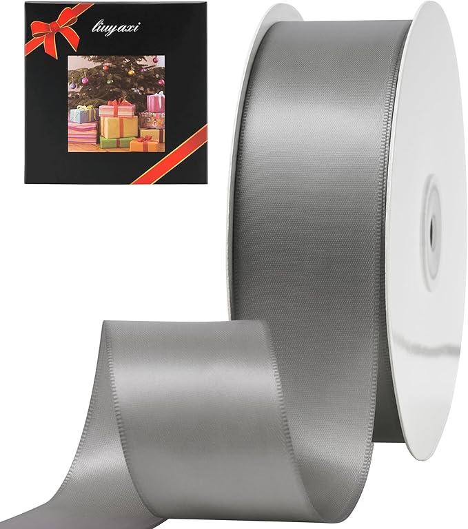 LIUYAXI Silver Stain Ribbon, 2" X Continuous 50 Yards, Double Faced Fabric Ribbon Use for Bows Bouquet,Christmas Gift Wrapping,Floral Arrangement