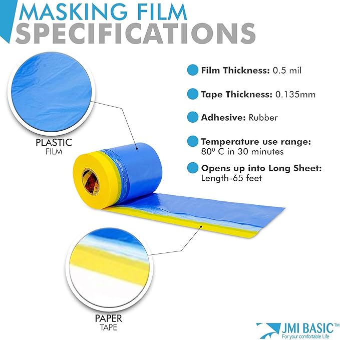 Plastic Sheeting for Car Paint – Assorted 3 Sizes Multi Pack – No Residue Painters Tape with Drop Cloth – Automotive Masking Tape with Tarp Waterproof 65 Feet (35 x 25 x 18 Inch - 3RL)