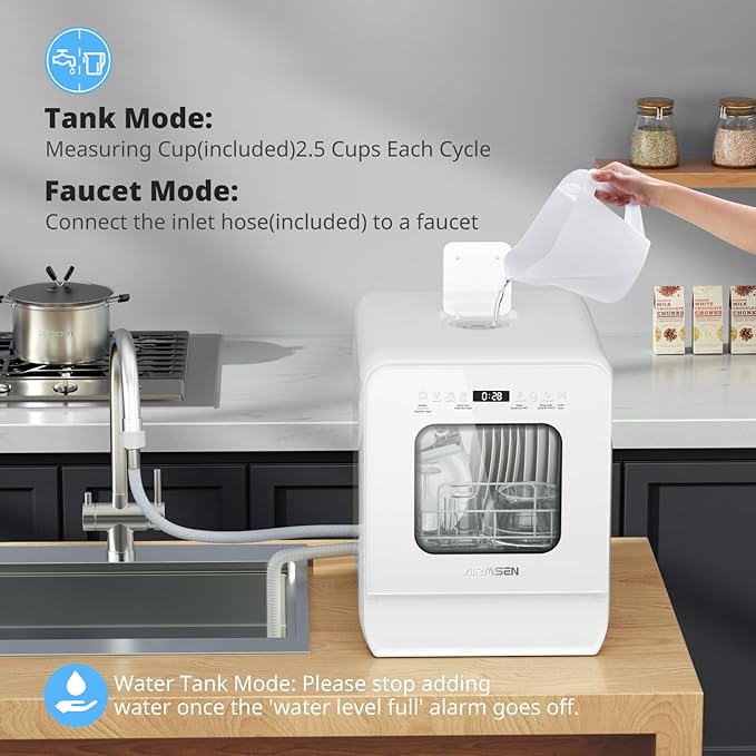AIRMSEN Portable Countertop Dishwasher with 5L Water Tank, Mini Dishwasher with 14.6” Narrow & 20.1“ Deep Design, 9 Programs, 24H Delay Start & 360° Dual Spray, No Hookup Needed, C01, White