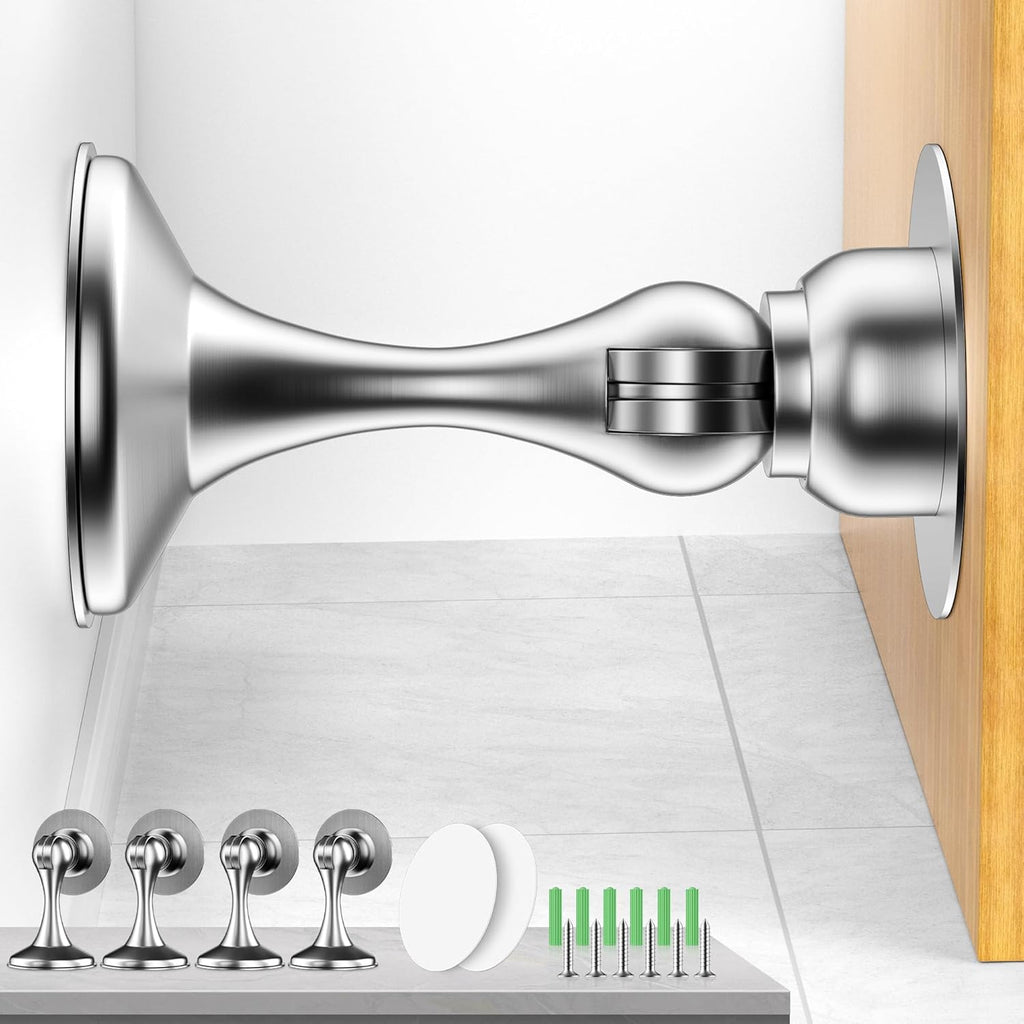 Crosize Magnetic Door Stoppers 4 Pack, Stainless Steel Door Catch for Wall and Floor Mounting, Door Holder Keep Door Open, No Drilling Door Stop with Adhesive Tapes, Silver