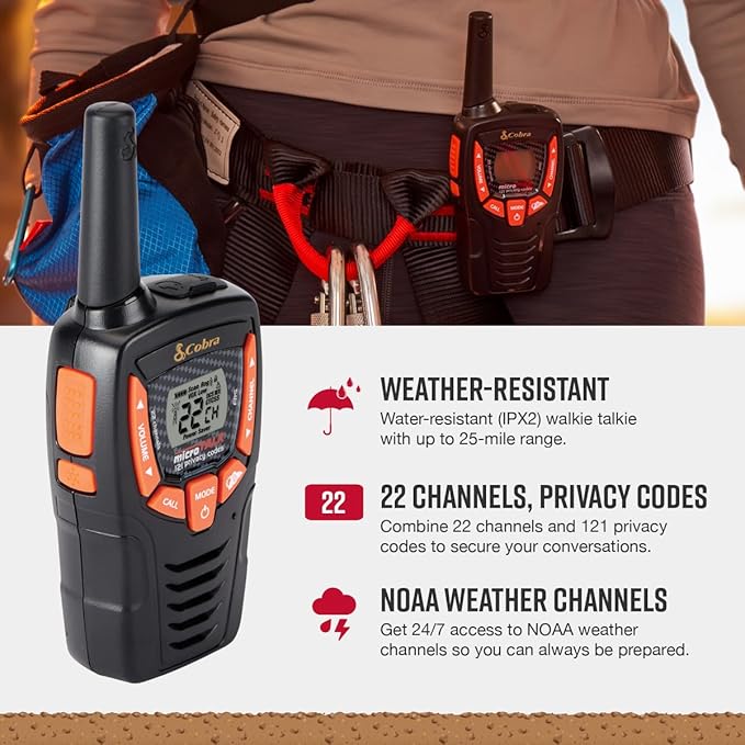 Cobra ACXT390 Walkie Talkies - Rechargeable, Lightweight, 22 Channels, 25-Mile Range Two-Way Radios with VOX (2-Pack)