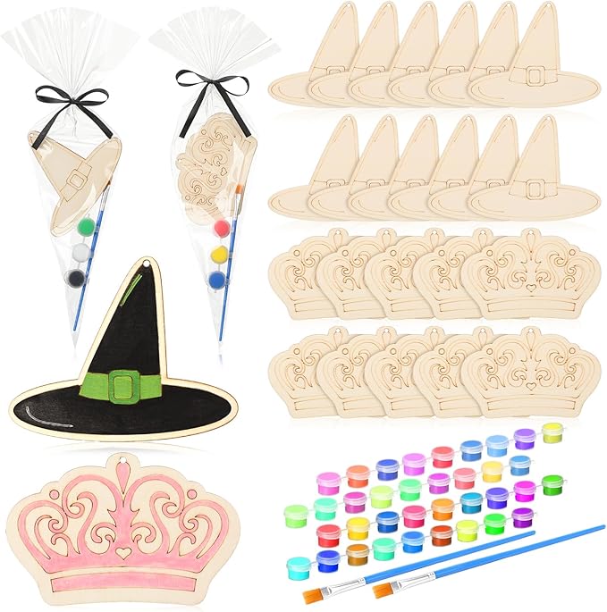 24 Set Paint Your Own Witch Princess Party Favors Pink and Green Party Supplies Witch Hats Princess Crowns DIY Wood Painting Craft Kit Color Your Own Arts Crafts Kit for Birthday Gift