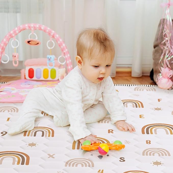 Boho Rainbow Baby Play Mat 50" X 50" Playpen Mat Thicken One-Piece Baby Crawling Mat Non-Slip Cushioned Baby Floor Mat Activity Playmats for Infants, Babies, Toddlers (50X50, Letters+Number)