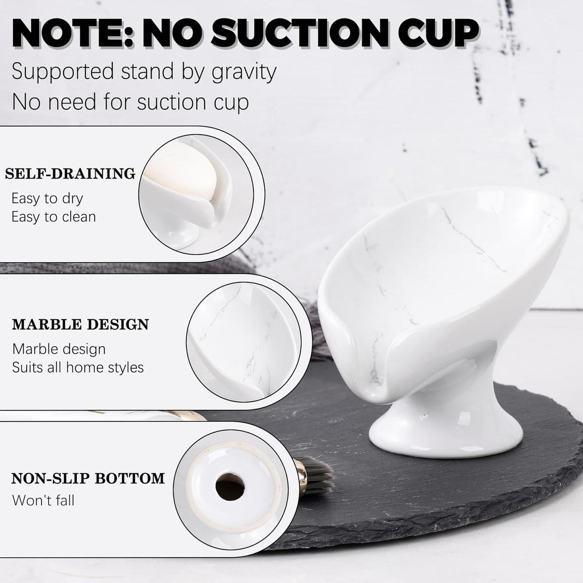 Soap Dish, Self Draining Bar Soap Holder for Bathroom Sink, Leaf Shaped Drainage Ceramic Marble Porcelain Decorative Soap Dish, No Suction Cup, ANTIS'S HOME