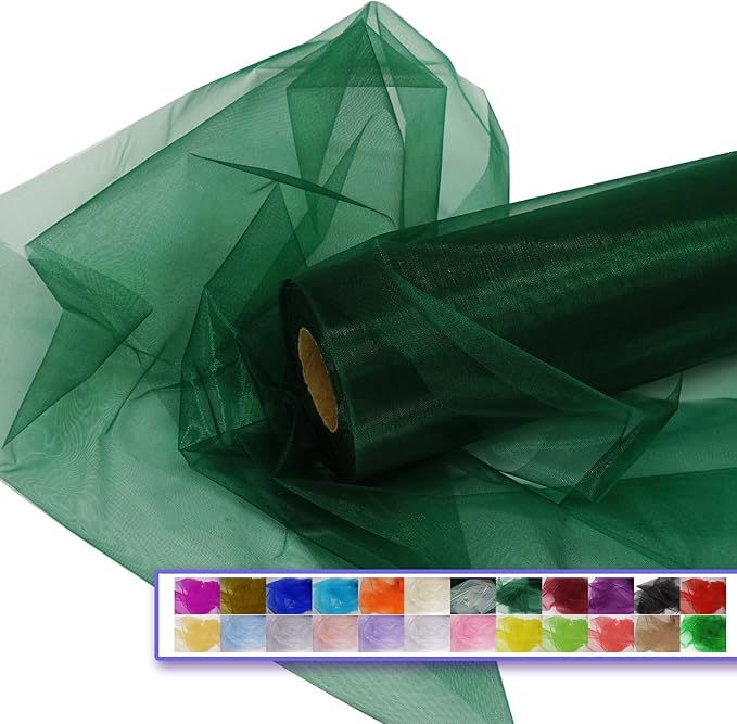 Organza Tulle Fabric Rolls, Crystal Organza 12" by 50 Yards (150 ft) Sheer Nylon Silky Shiny Netting Spool Bolt for DIY Craft Table Runner Wedding Baby Shower Party Decor (Hunter Green)