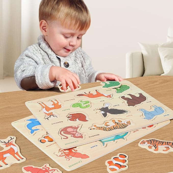 GRINNNIE Wooden Toddler Puzzle for Age 2 3 4 Years Old, 6 PCS Toddlers Learning Puzzle Set - Animal, Fruit, Sea Creature and Vehicle, Educational Toy Birthday for 3-5 Boys Girls