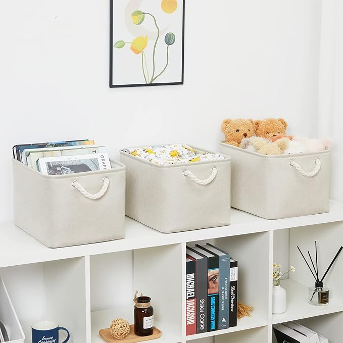 Bidtakay Baskets Collapsible Large Toy Storage Baskets for Organizing Set of 3 Closet Organizer Linen Cream Storage Bins 15 X 11 X 9.5 Inch Shelf Organizer Bins for Nursery Storage (Light Beige)