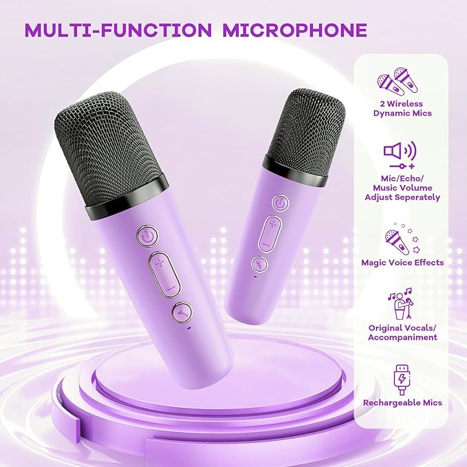 YLL Mini Karaoke Machine with 2 Wireless Microphones, TOP Kids Gifts for Girls Ages 3, 4, 5, 6, 7, 8, 9,10,11,12 +Year Old, 4-12 Years Old Birthday Toy Gift for Girls Boys Party (Purple)