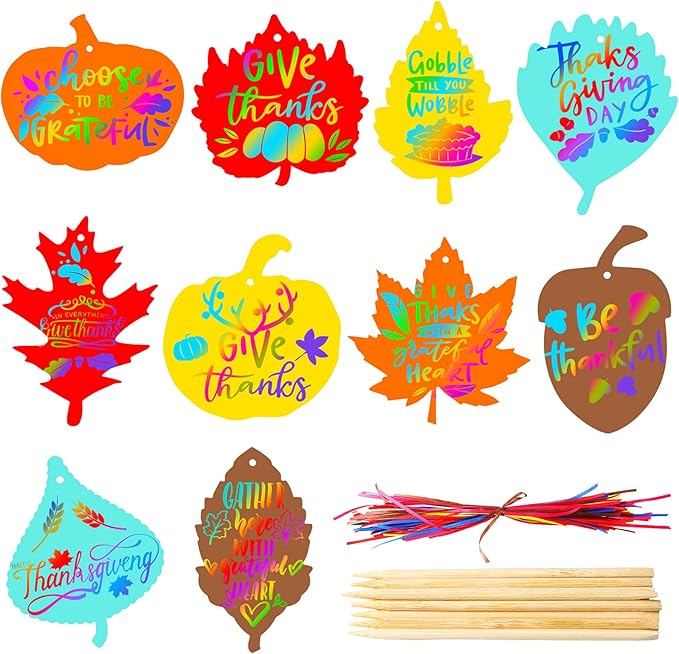 Kasyat 60 Pieces Thanksgiving Scratch Paper Art Set, Fall Scratch Craft Art Colorful Fall Leaves with 60 Pcs Colored Ribbons 10 Pcs Sticks for Kids Autumn DIY Supplies