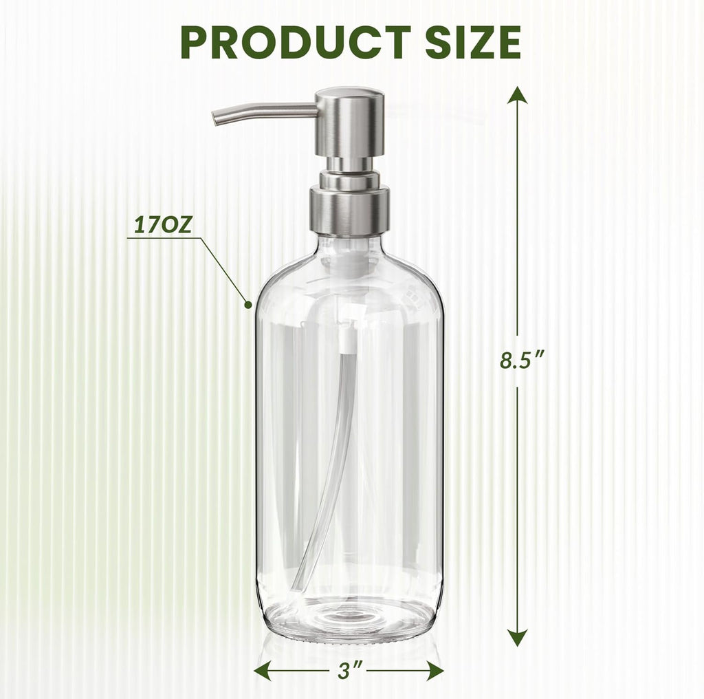 AmazerBath Soap Dispenser, 2 Pack Glass Soap Dispenser with Pump Stainless Steel, 17 Oz Hand Soap Bottles Bathroom Kitchen, Clear