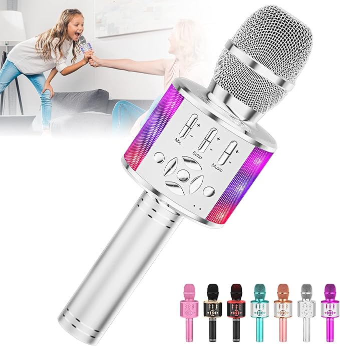 Amazmic Kids Karaoke Microphone Machine Toy Bluetooth Microphone Portable Wireless Karaoke Machine Handheld with LED Lights, Gift for Children Adults Birthday Party, Home KTV(Silver)