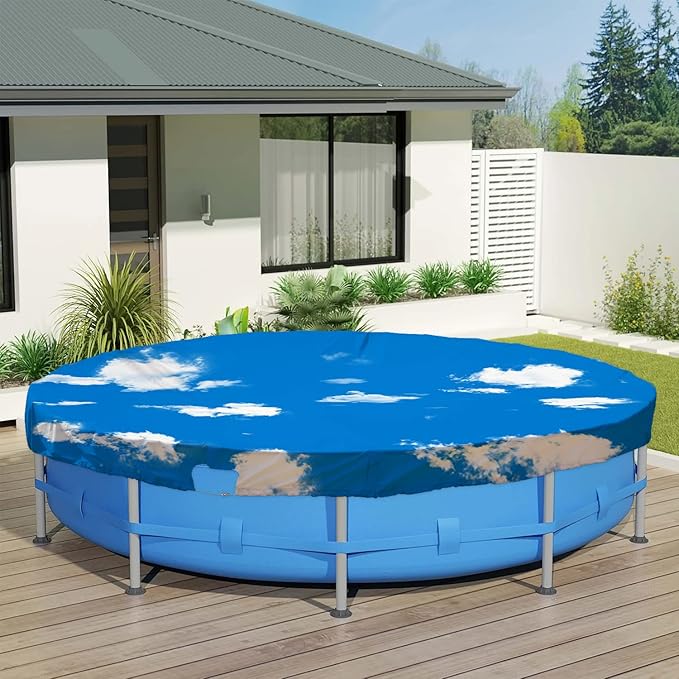 ECOOPTS 7 ft Waterproof Round Polyester Pool Cover for Above Ground Pools, Swimming Pool Cover Protector Winter Safety Cover (Blue Sky)