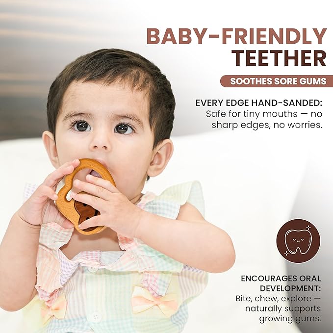 Baby Essentials – Wooden Teething Toy for 3–6 Months | Natural Baby Rattle | Safe Toys for Newborns