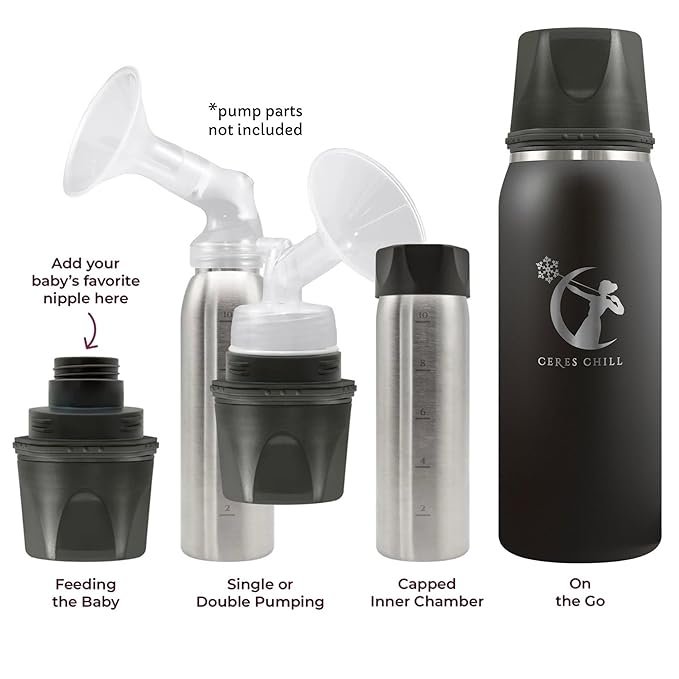 CERES CHILL OG Breastmilk Chiller, Reusable Storage Container, Up to 34 oz. - Bottle Cooler Keeps Milk at Safe Temperatures for Up to 20 Hours, Connects w/Most Pumps (Black)