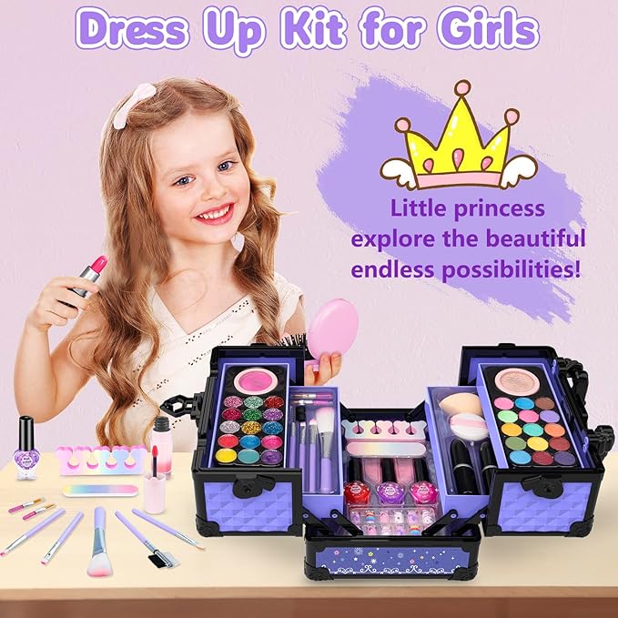 Hollyhi 59Pcs Kids Makeup Kit for Girl, Washable Play Makeup Toys Set for Dress Up, Beauty Vanity Set with Cosmetic Case Birthday Toys for Girls 3 4 5 6 7 8 9 10 11 12 Year Old Kids Toddlers (Purple)