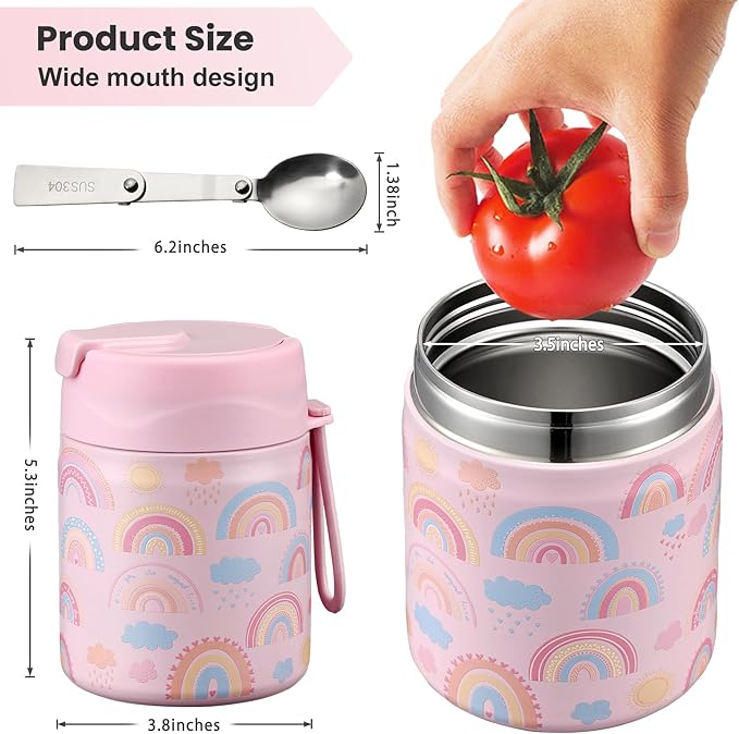 17oz Soup Thermo for Hot Food Kids,Insulated Food Jar with Spoon,Thermo Hot Food Lunch Container,Wide Mouth Leakproof Stainless Steel Lunch Box for School-Rainbow