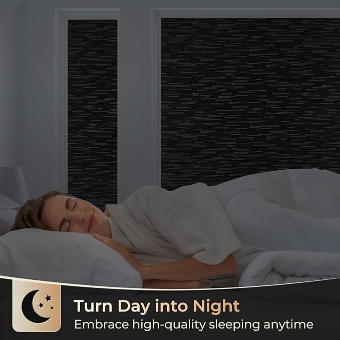 rabbitgoo Blackout Window Film, Sun Blocking Privacy Film for Room Darkening, Removable Black Out Vinyl Cover Tint for Home Day Sleep, Anti-UV Frosted Glass Clings, Black, 17.5 x 118.1 Inches
