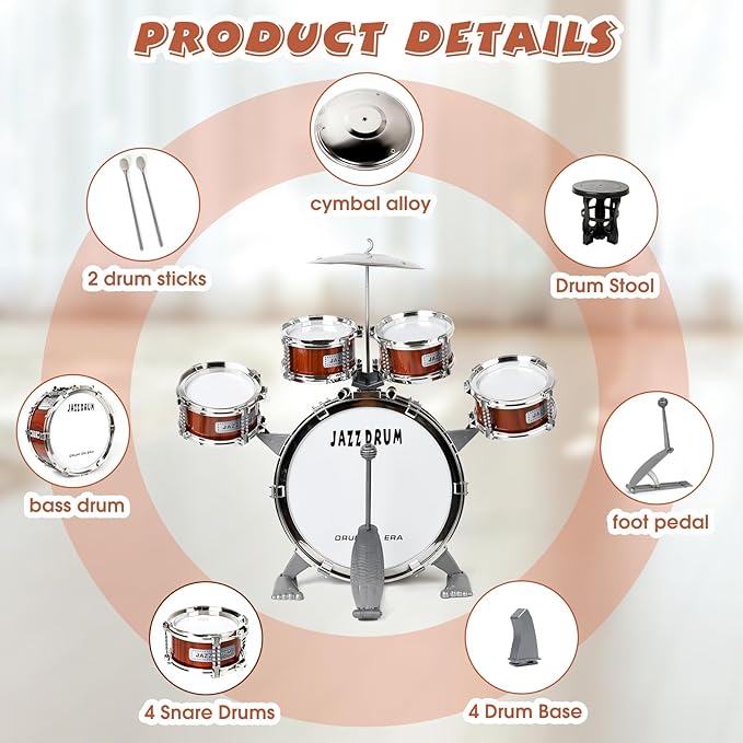 Toy Drum Set for Kids Toddler Jazz Drum Kit with 5 Drums Percussion Musical Instruments Toys for 3 4 5 Year Old Boys Girls Gifts Ages 3-5