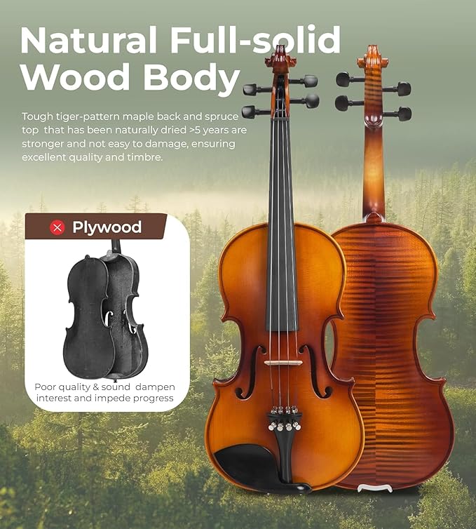Violin Acoustic Fiddle Kit Professional Solid Wood Violin Unique Maple Wood Pattern Premium Ebony Fitting Starter Kit for Beginner Adults, Full Size By Vangoa