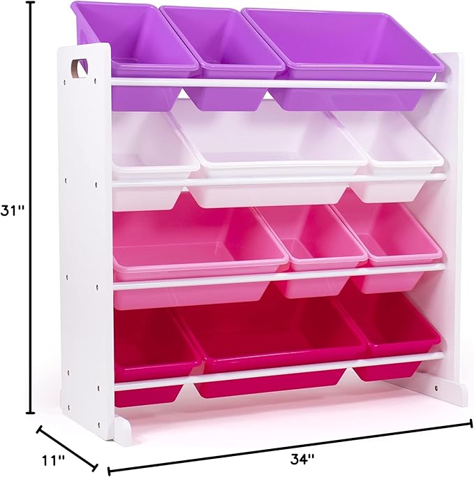 Humble Crew Kids Toy Storage Organizer with 12 Plastic Bins, White/Pink/Purple – Removable Bins for Playroom, Bedroom, Toddler Furniture for Boys and Girls Ages