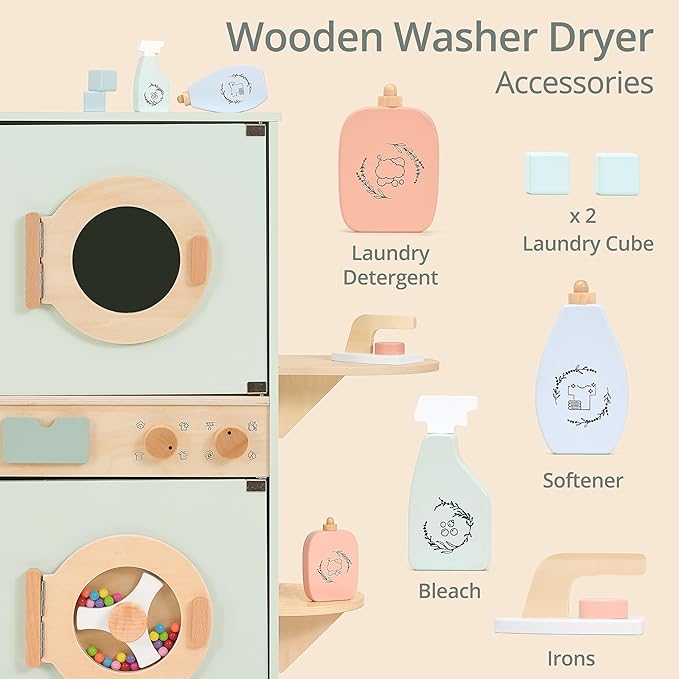 Wooden Washer-Dryer Playset for Kids – 2-in-1 Laundry Center Toy, Dual-Opening Doors, Spinning Drum & Click-Knobs, Basket + Iron Accessories – Montessori Pretend Play Gift Ages 3-6