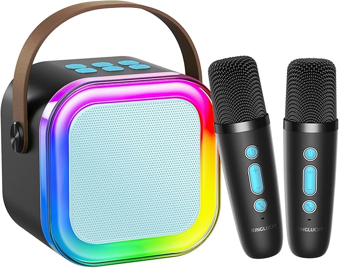 Kinglucky Mini Karaoke Machine for Kids, 2025 TOP Birthday Gifts Ideas for 3-12 Year Old Girls, Christmas Party Gifts Kids' Personal Video Players Accessories with 2 Wireless Microphones-Black & Blue