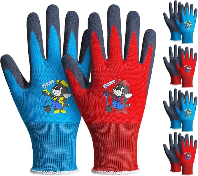 KAYGO Kids Gardening Gloves 4 Pairs - Polyester Seemless knitted with Latex Sandy Finish Coating, KGKID100, Ideal for kids gardening, DIY,Light duty works, and outdoor activities (XXS (Age 7-9))