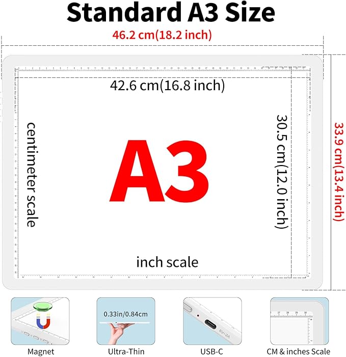 Phylosal Magnetic A3 Light Pad, Super Bright Light Box with Side Button, Diamond Art Light Board, Lightbox for Tracing and Drawing, USB Power Artcraft Light Table for Sketching, Weeding Vinyl (White)
