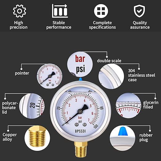0-100 Psi Glycerin Liquid Filled Low Pressure Gauge, 2.5" Dial Size, 1/4" NPT Lower Mount, 304 Stainless Steel Case, for Water Pump, Pneumatic Air, RV Hose, Gas Pressure Test