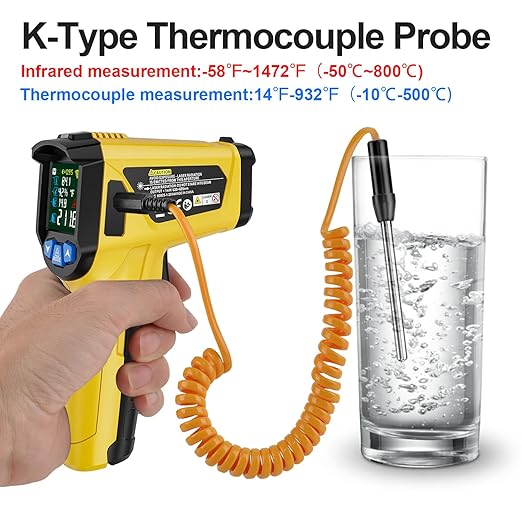 MESTEK Infrared Thermometer Laser Temperature Gun, -58°F to 1472°F (-50~800°C), Non-Contact Digital IR Thermometer Temp Gun Gun with Color LCD for Cooking Pizza Oven, Adjustable Emissivity